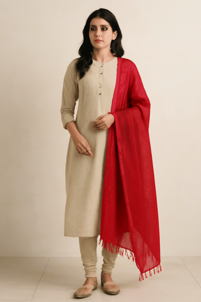 white suit with red dupatta design