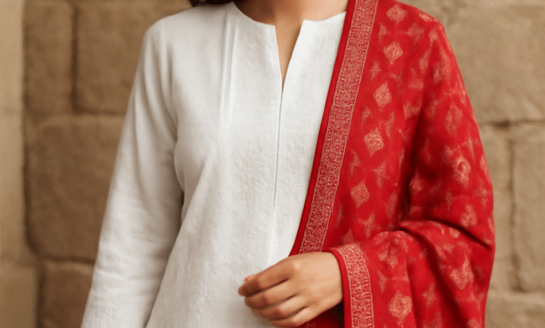 white suit with red dupatta design