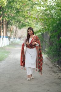 white suit with red dupatta design