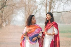 white suit with red dupatta design